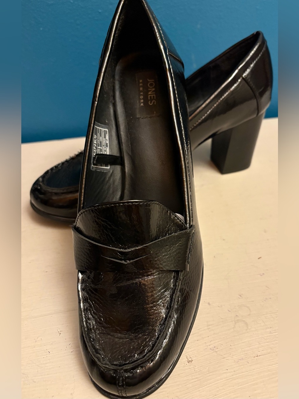 Jones New York Glossy Black Patent 3” Block Heel Slip-on Classic Loafers